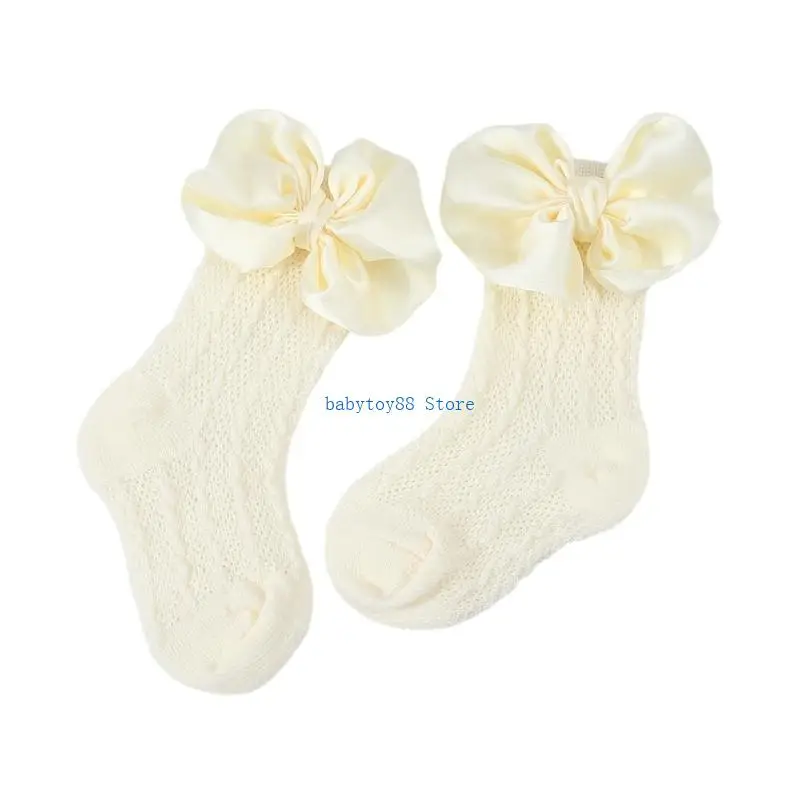 Y4UD 2024 Baby Hollowed Jacquard Knitted Socks Solid Color Big Bowknot Socks or Lovely Girls Headband Fashionable Hairband