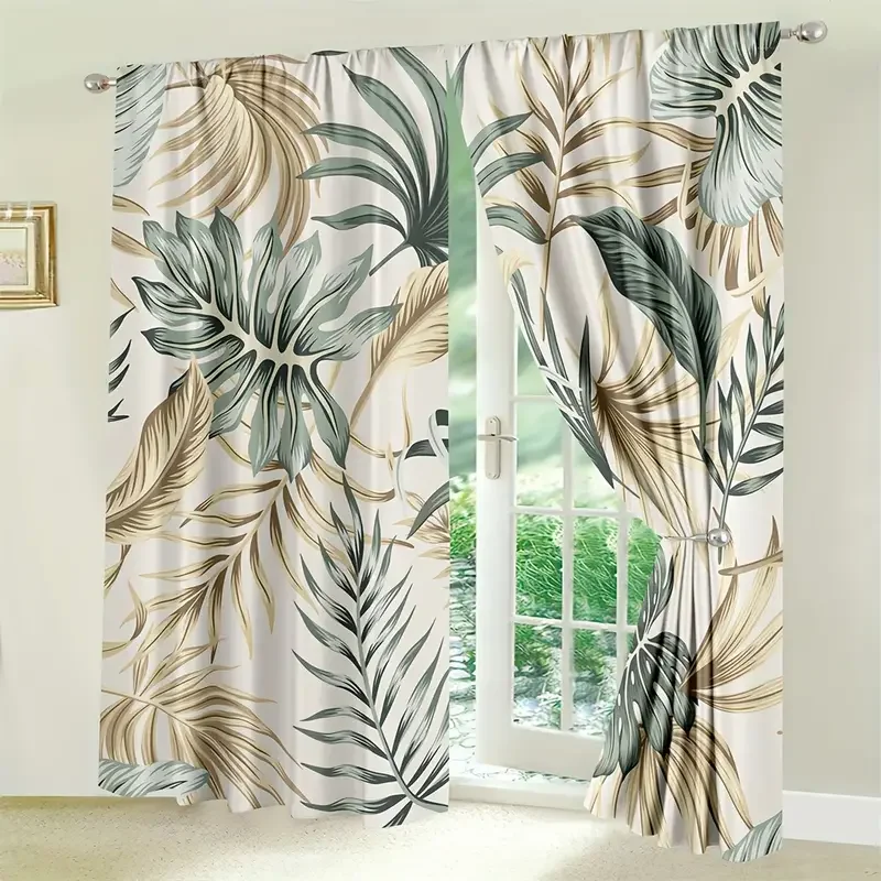 2pcs Palm Leaf Printing Curtain, Rod Pocket Window Treatment For Bedroom Office Kitchen Living Room Study Home Decor, Room Decor