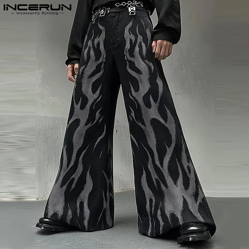 INCERUN American Fashon Printing Long Pants 2024 Men Casual Loose Simple Trousers Handsome Button Pockets Wide Leg Male Bottoms