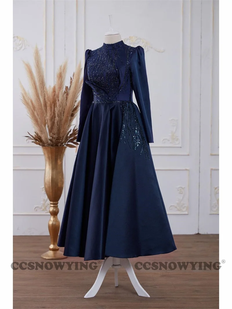 

Navy Blue Long Sleeve Muslim Evening Dresses Satin Appliques Beaded Islamic Formal Party Gown Women Arabic Kafatn Robe De Soiree