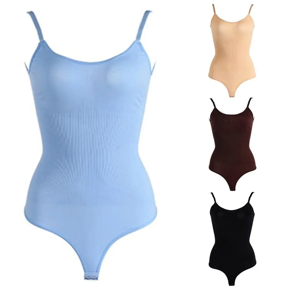 

Soft Seamless Shapewear Bodysuit Washable Thong Sleeveless Full Body Shaper Ribbed Round-Neck Spaghetti Strip Tops Party