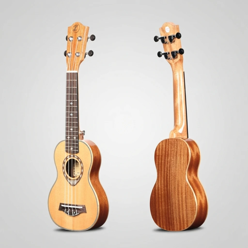 Two Tone Ukulele 4 Strings, Natural Light Top Red Brown Back, Black Closed Tuners, Diamond Inlay, Ornate Rosette for Beginners