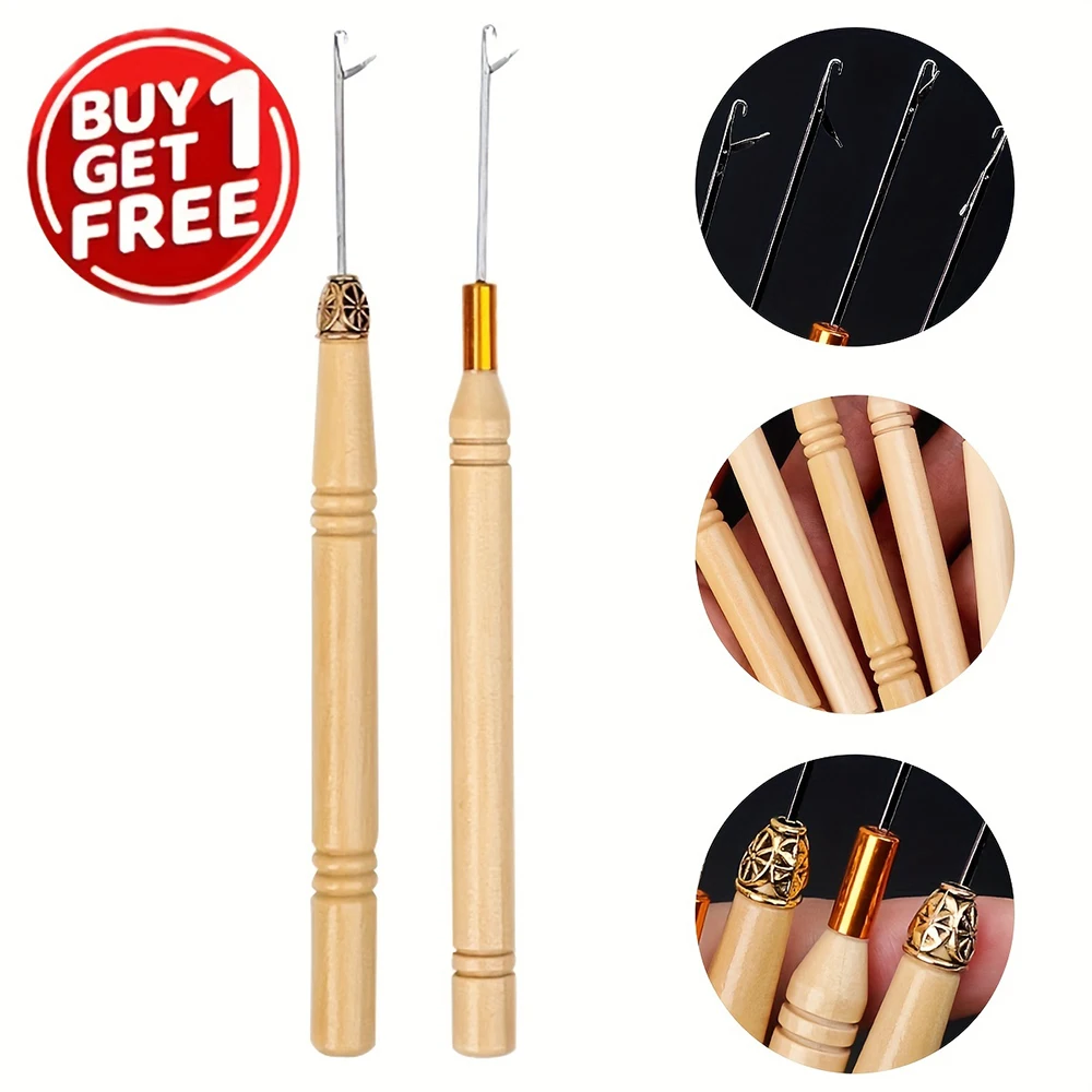 2PC/set Wooden Handle Crochet Hook Needle for Hair Extension wigs tool Stainless Steel Hook Hair salon gadget Knitting Accessory