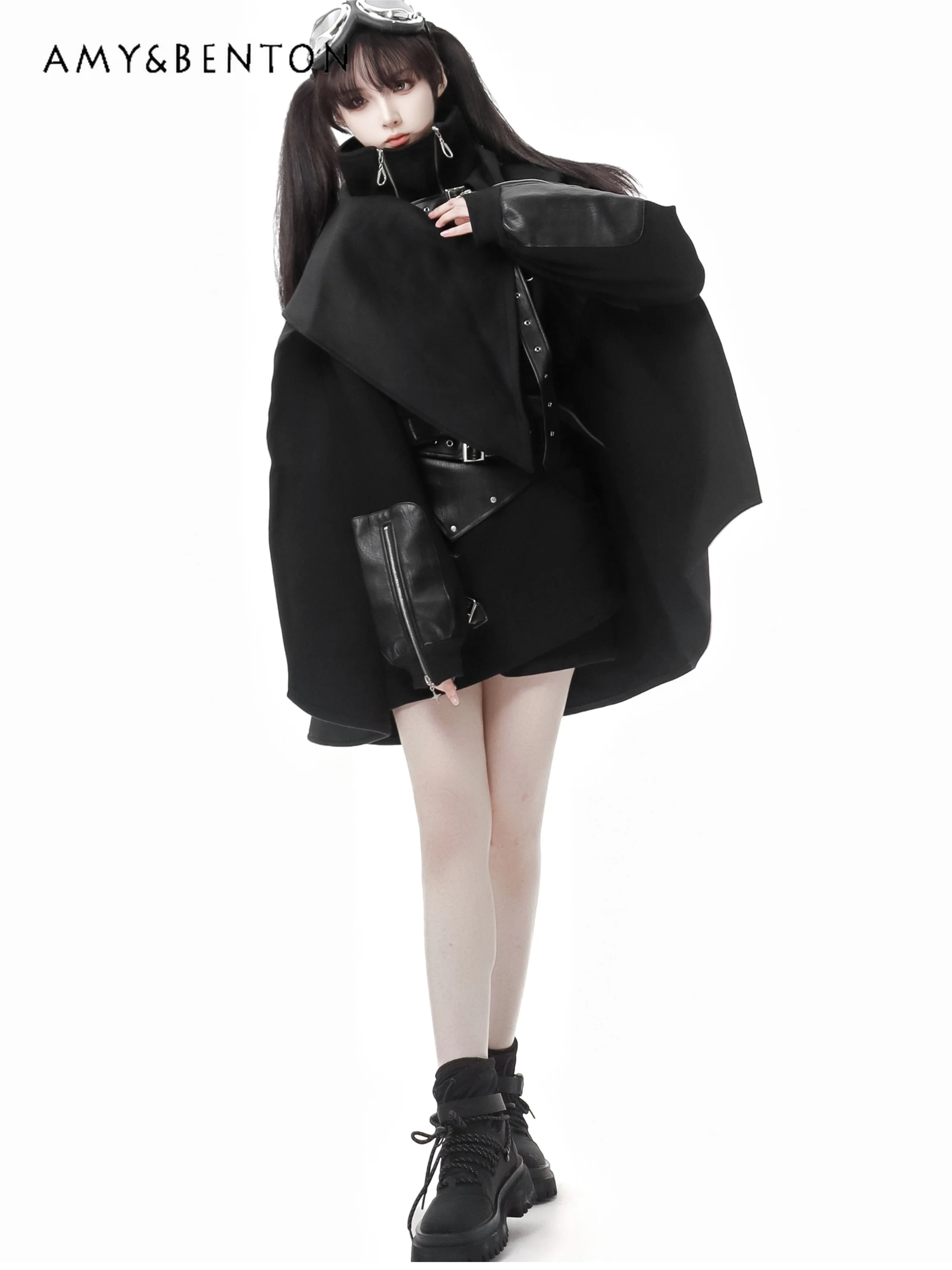 Autumn Winter Subculture Hot Girl Skirt Sets Street Leather Splicing Stand Collar Thickened Sweatshirt Mini Skirt Two-piece Set