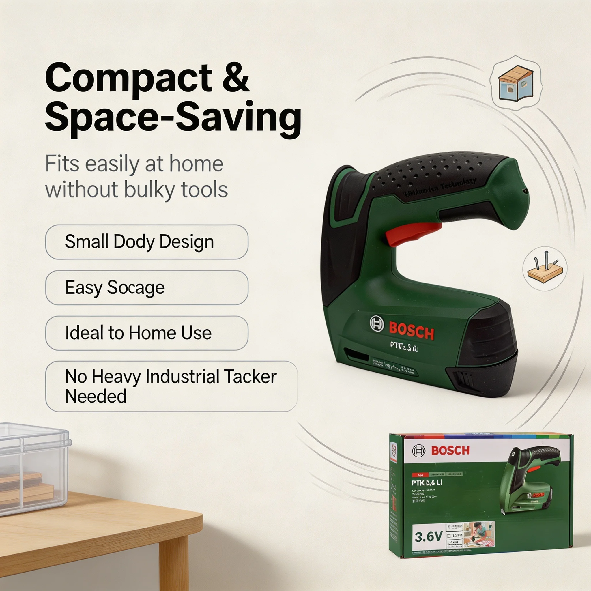 Bosch PTK 3.6 LI 3.6V Cordless Staple Gun, Fine Nails Tacker for Woodworking Furniture Framing & Upholstery