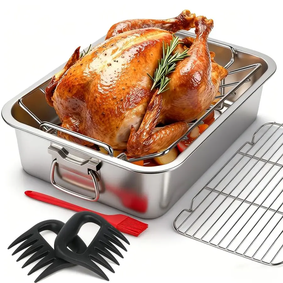 

Inch Stainless Steel Roasting Pan with VShaped amp Flat Cooling Rack, 6 PCS Set with Meat Claws Pastry Brush, Heavy Duty Deep Tu