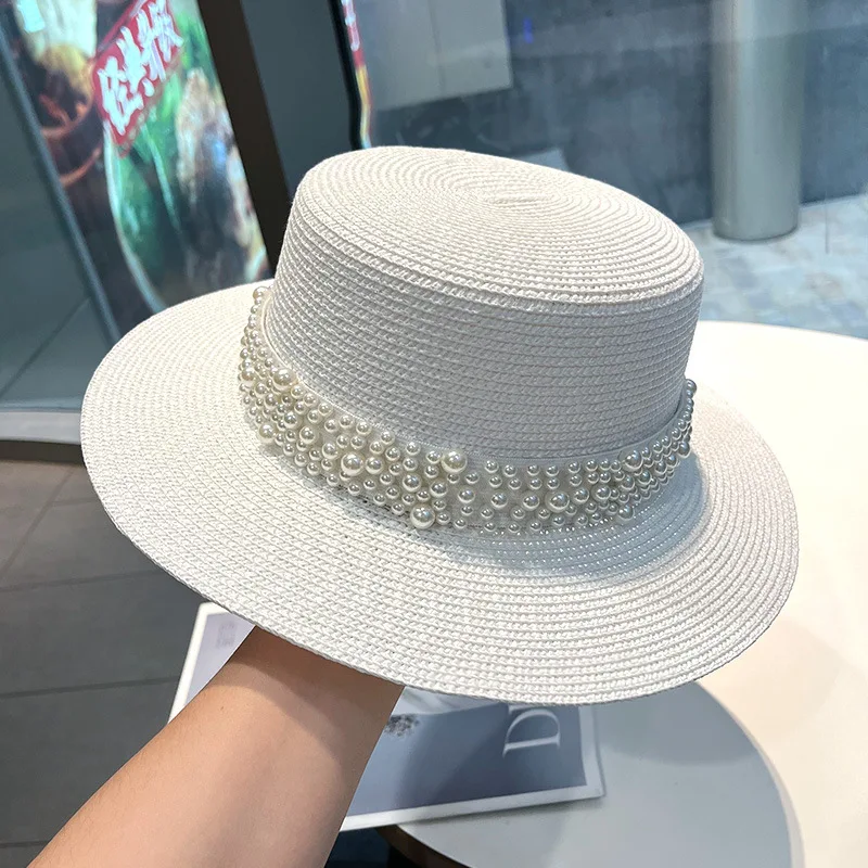 2023 New Flat Top Straw Hat Pearl Decoration Leisure Summer Sunscreen Hat Women\'s Fashionable Beach Boater Hat Gifts