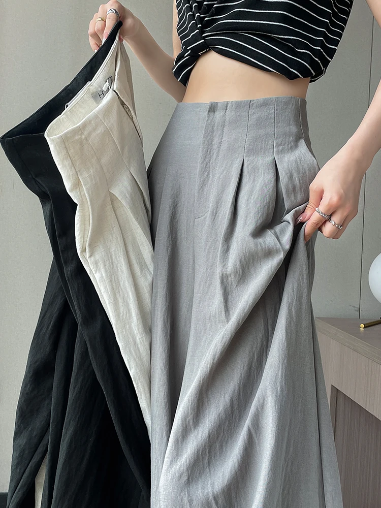 

High Waist Wide Leg Pants Women's Summer Thin Cotton Linen Cool Loose Fit Casual Trousers Korean Style with Pockets