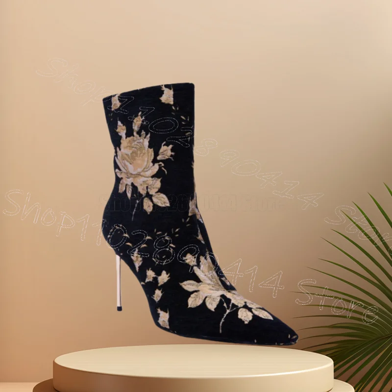 

Floral Embroidery Metal Heel Black Suede Boots Side Zipper Women Shoes Thin High Heels Pointy Toe Party 2025 Zapatos Para Mujere