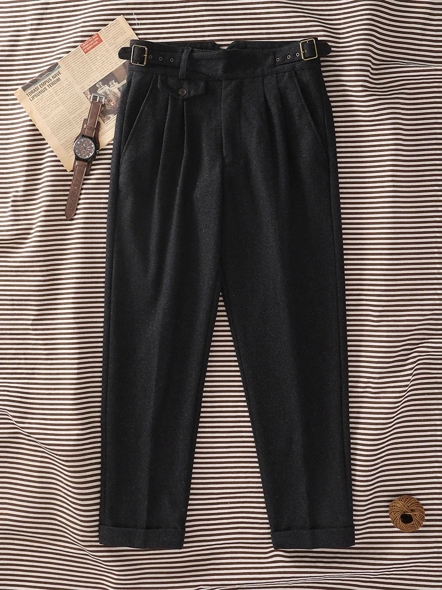 POT&CRAFTSMAN Blue Grey Thick Wool Gurkha Slightly Tapered Casual Pants Wool Blend Trousers Slim Fit Customizable