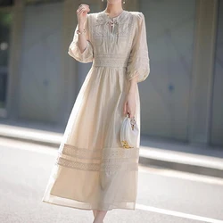 Summer New Solid Color Midi Dress Women High Street V-neck Puff Sleeve Fashion Dresses Elegant Lace Hollow Out Lacing Vestidos