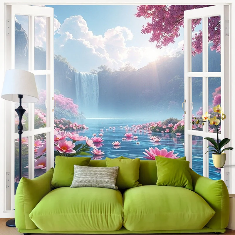 1PC Digital Print Tapestry Wall Hanging, Fake Window Lavender Field Provence Art, Nature Scenery 3D Window Wall Art Decor - view 6