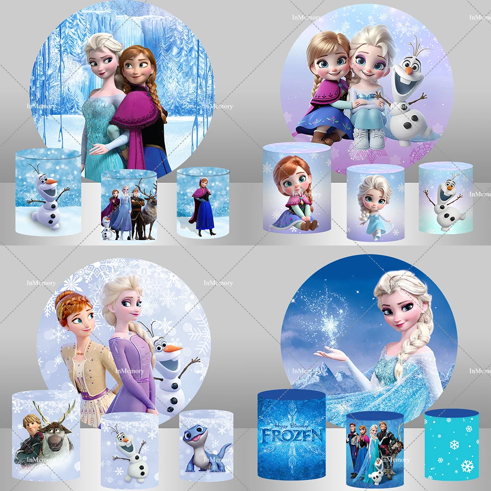 Couverture d'arrière-plan de photographie ronde Anna Elsa la reine des neiges, couverture de cylindre de fond de fête d'anniversaire pour filles, bonhomme de neige, réception-cadeau pour bébé