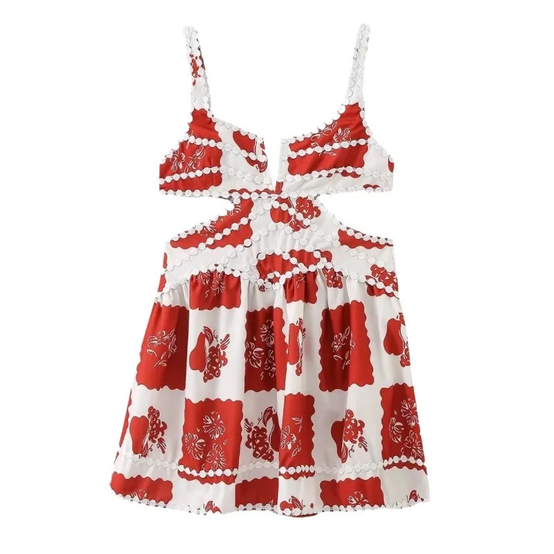 Vestido de verão floral de férias estilo europeu e americano com alças de renda, vestido evasê para um feriado elegante no início da primavera