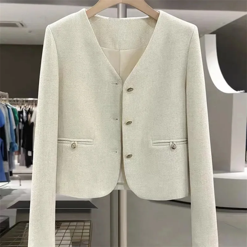 

Новая верхняя одежда Белоснежного ретро-дизайна с небольшим ароматом пальто для женщин, новый весенне-осенний короткий свободный пиджак, топ