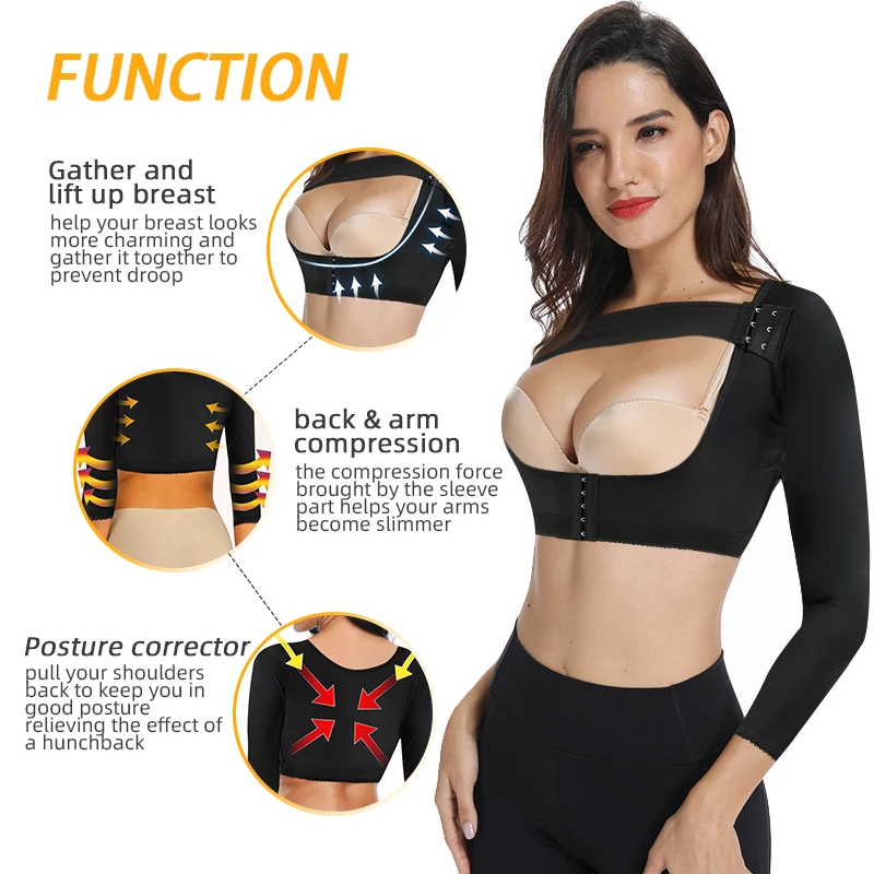 Post Surgery Garment Shaper Tops, Long Sleeves, Upper Arm Slimming Shapewear, Removable Chest Strap