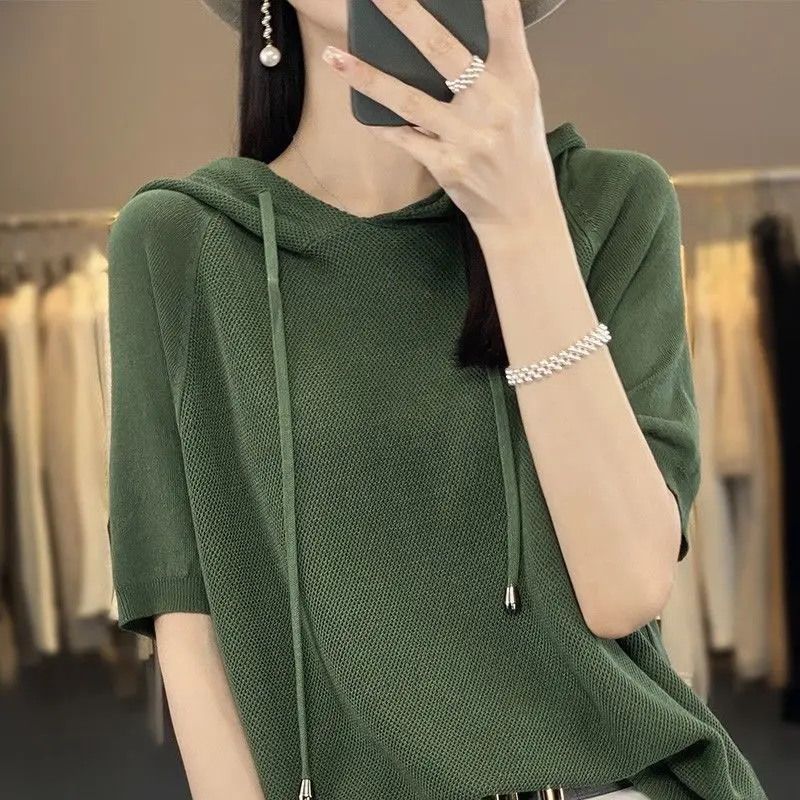 Women's Summer Korean New Hooded Pullover Knitwear Commuter Fashion T-shirt Simple Breathable Loose Versatile Short Sleeved Tops