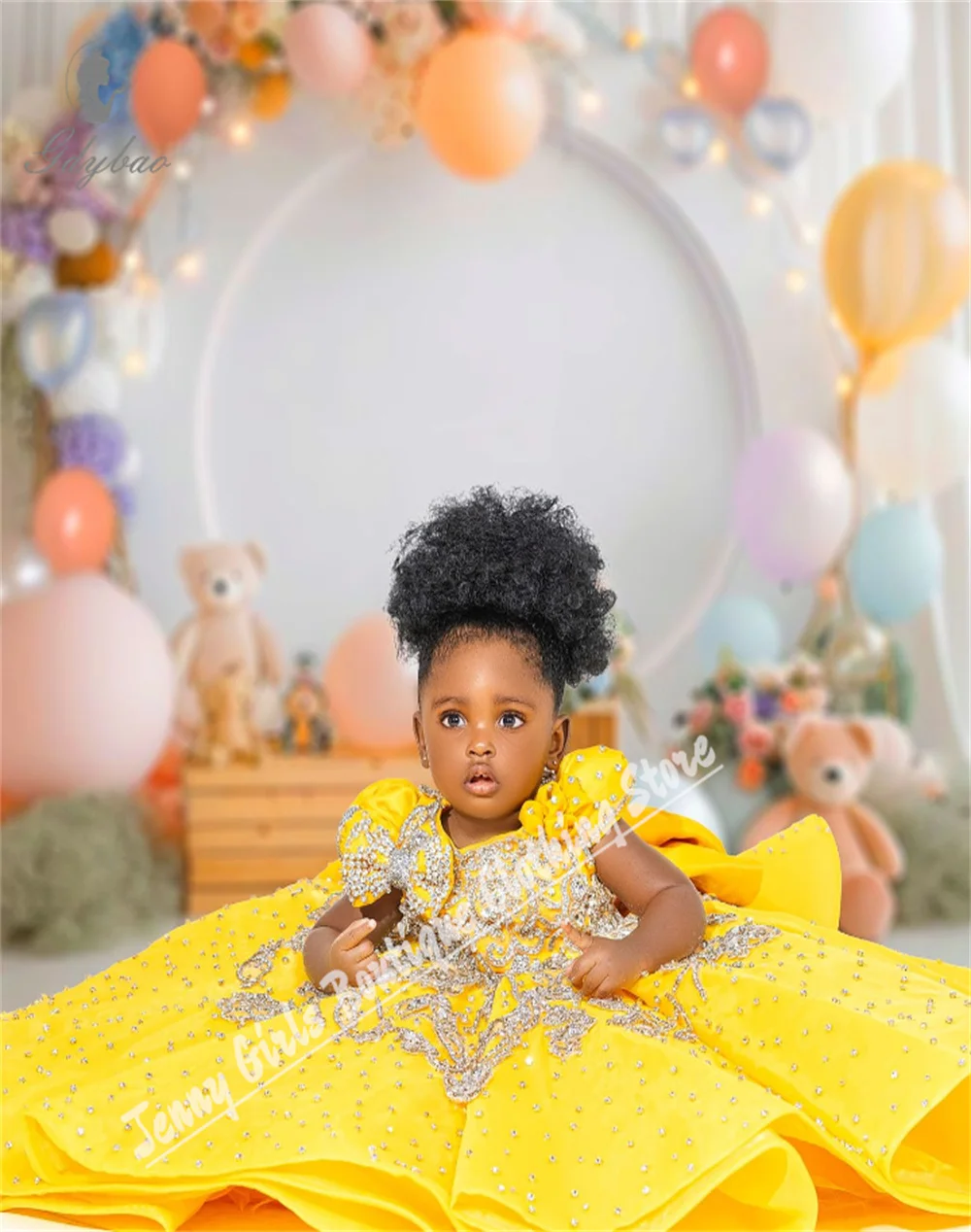 

Cute Yellow Luxury Flower Girl Dress With Silver Decorations Fluffy Children's Toddler Pageant Baptism Communion Dress