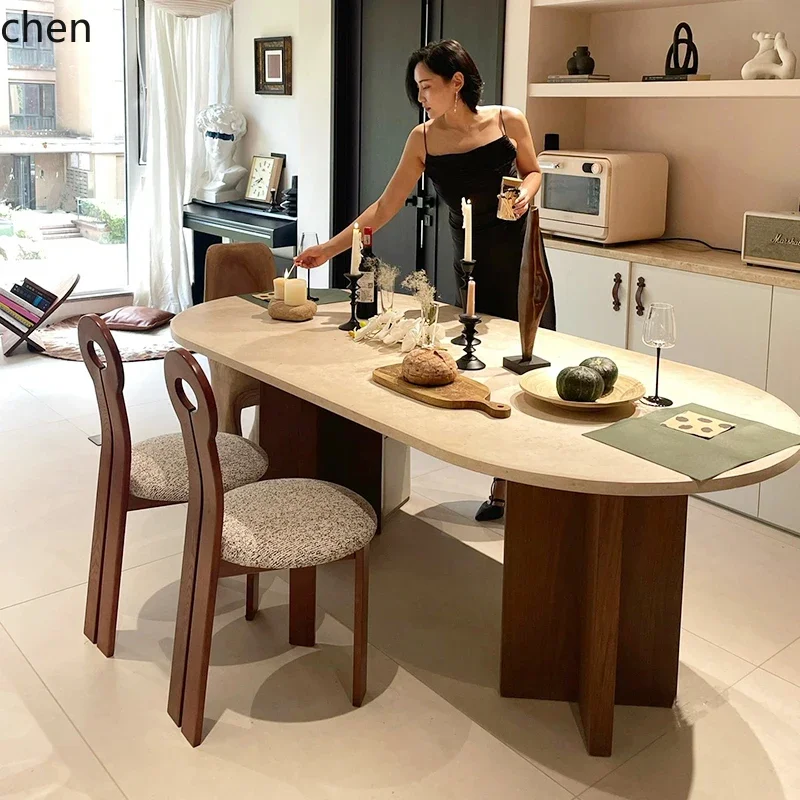 

CP retro marble dining table wabi sabi home oval eating table room decoration accessories