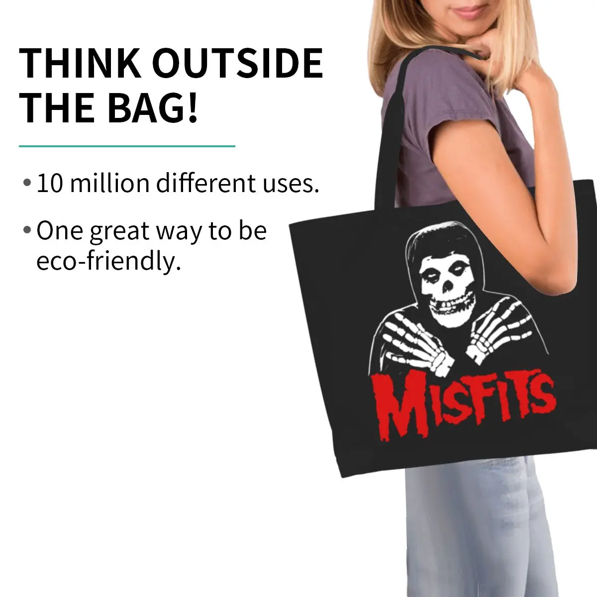 Reusable Heavy Metal Misfits Skull Shopping Bag Women Canvas Shoulder Tote Bag Durable Horror Punk Groceries Shopper Bags