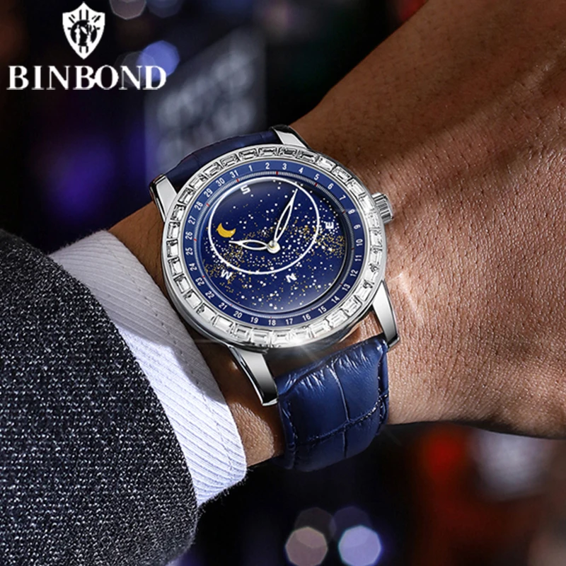 BINBOND Brand Rotating All Over The Sky Empty Diamond Men Watches Fashion Business Sun Moon Stars Waterproof Luminous Men Watch