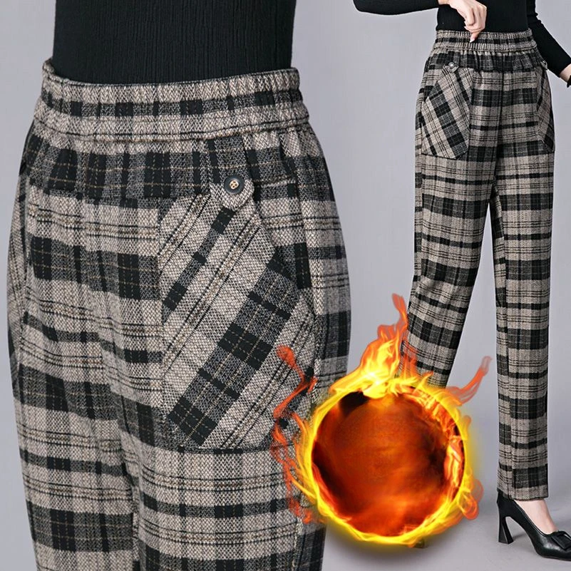 

2023 Women's Autumn Winter New Middle-aged Plaid Pants Female High Waist Woolen Pants Ladies Loose Straight Trousers O604