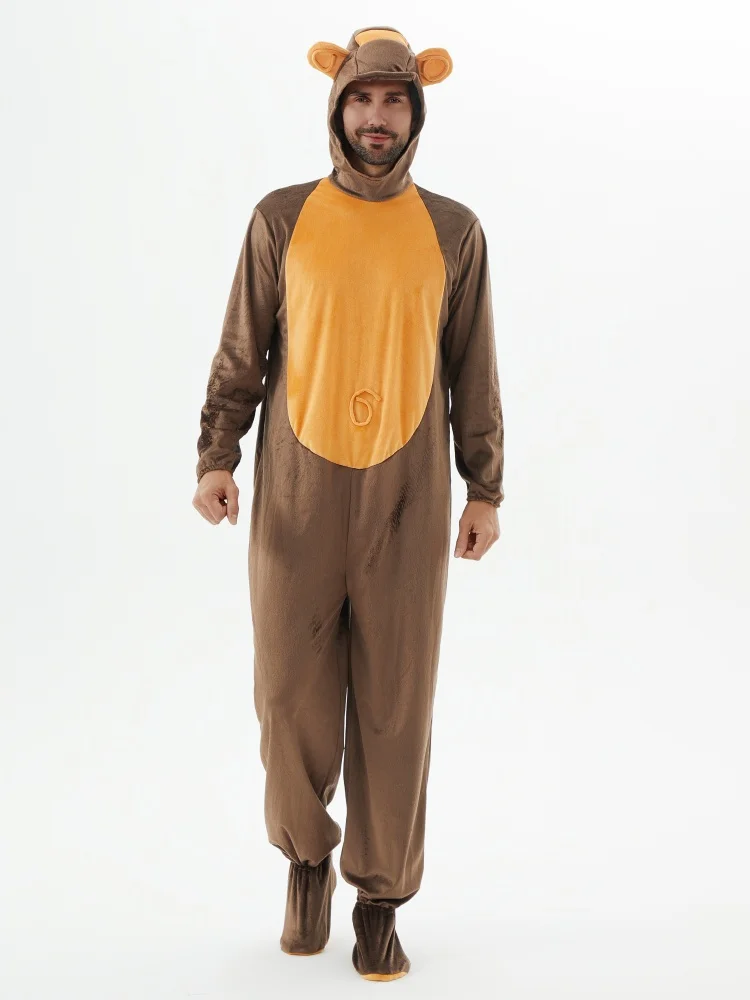 Mono de animal, traje de cosplay de mono marrón, disfraz de actuación escénica para fiesta de Halloween para adultos, tanto para hombres como para mujeres pueden usar