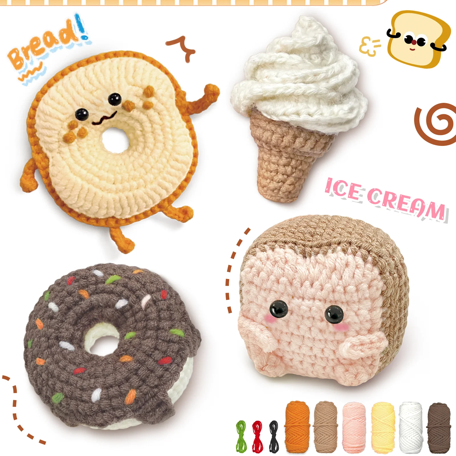 DIY Crochet Kit - Donut Bread Ice Cream Toast Shapes Full Material Set with Video Tutorial for Handcrafting