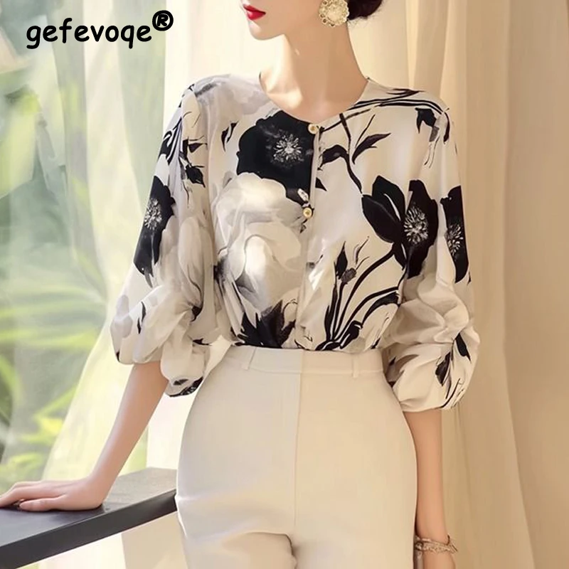 Women\'s Summer Fashion Floral Printed Luxury Blouse Office Lady Elegant Chic Business Casual Shirt O Neck Half Sleeve Loose Tops