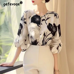 Women's Summer Fashion Floral Printed Luxury Blouse Office Lady Elegant Chic Business Casual Shirt O Neck Half Sleeve Loose Tops