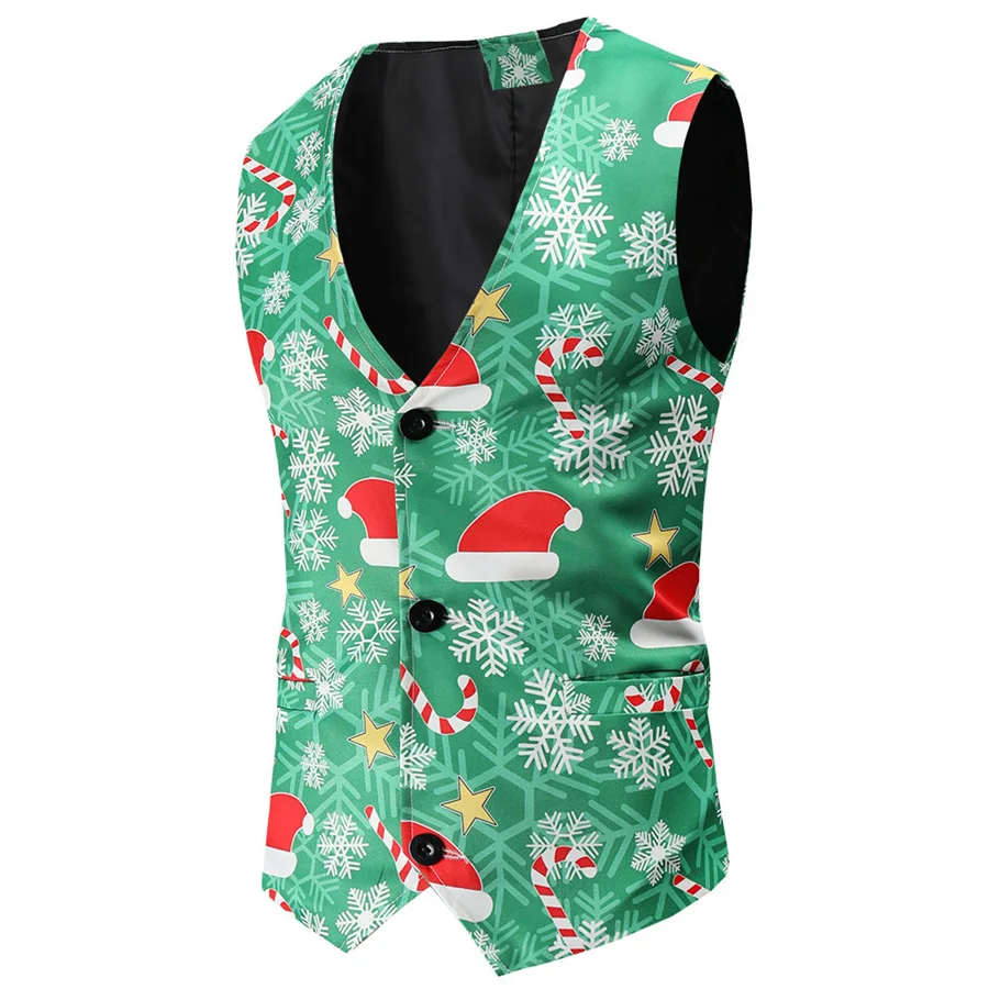 

Christmas Hat Printed Vests for Men Slim Fit Sleeveless Jacket Men's Party Stage Performance Costume Suit Vest Waistcoat Green