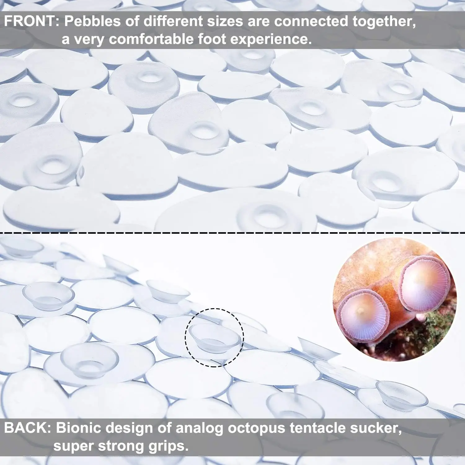 1 Stück ovale Badewannenmatten mit Kieselsteinen, 36 x 69 cm, rutschfeste Badematte mit Saugnäpfen und Abflusslöchern für Badezimmer, PVC-Duschmatte, sichere Matte – Detail 3