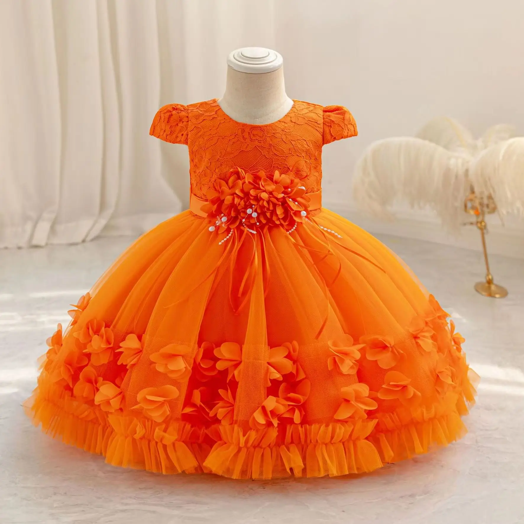 Süße süße Blumenmädchen Spitze Stickerei Mesh flauschige Prinzessin Kleid für Kleinkind Baby Taufe Geburtstag Party Kommunion Hochzeitskleid