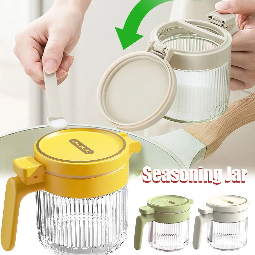 Fashion Transparent Condiment Jar with Independent Spoon Seal Dustproof Spice Jar Press to Open Lid Salt and Spice Storage Box