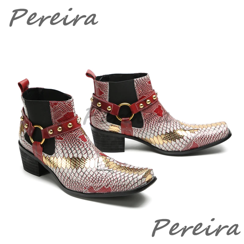 

Trendy Men Gold Printed Ankle Boots British Luxury Genuine Leather Slip-On Short Booties Spring New Rivet Strap Party Male Shoes