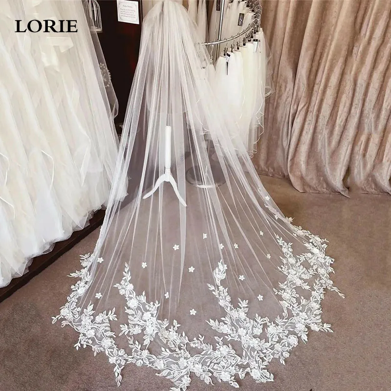 

LORIE Fairy Lace Bridal Veils Appliqued Lace Vedding Veils Ivory Sparkling Long Cathedral Veil Tulle Velos de Novia 2024