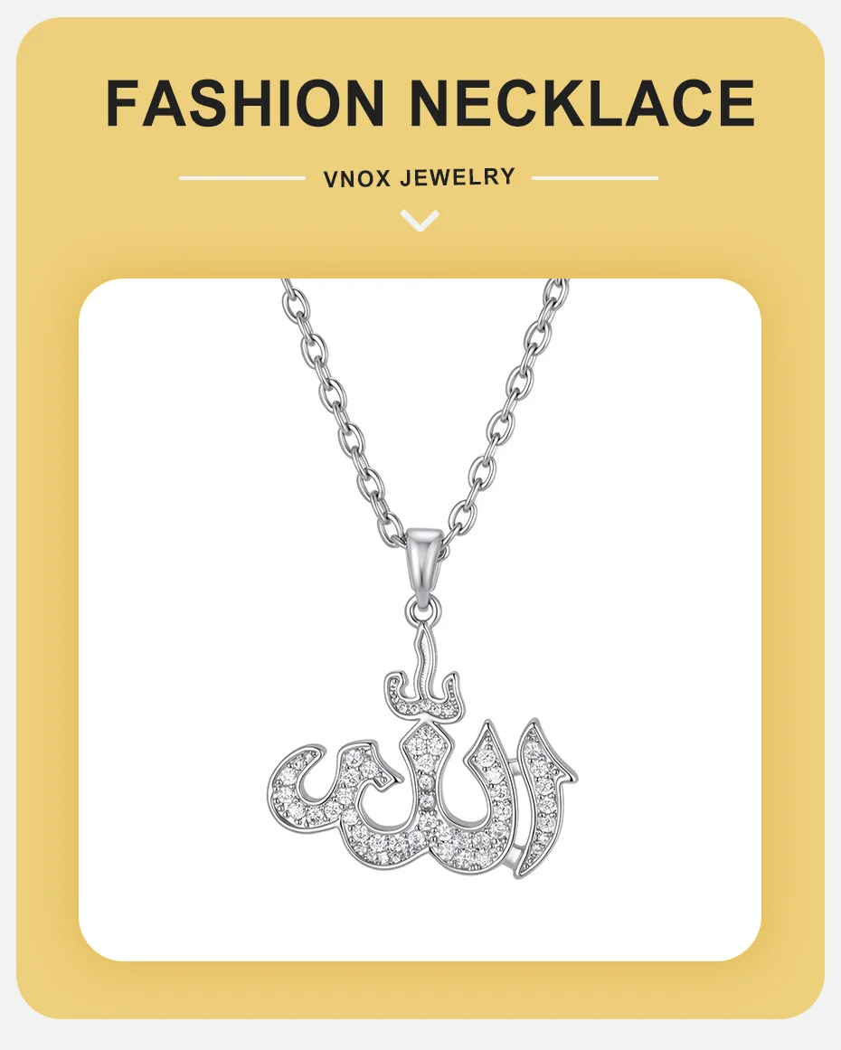 Vnox Vintage Islamische Allah-Rune Halskette für Frauen Kupfer Glänzende Kristalle Allah Anhänger Halskette Muslimischer Religiöser Glaubensschmuck – Detail 1