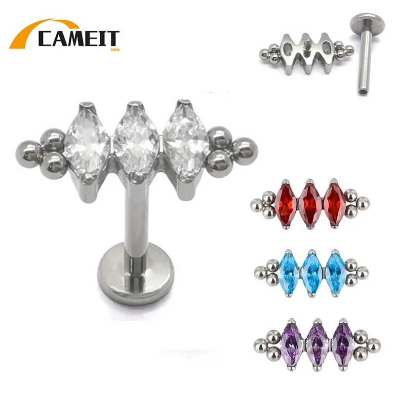 G23 Titanium EAR PIERC 3 Zircon Parallel Marquise With Tri-bead Cluster Top ear rings Earrings Lip Stud Thread Piercing Jewelry