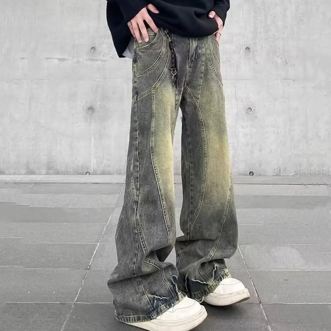 

Retro Hiphop High Street Vibe Distred Patchwork Yellow Clay Dye Men's Jeans Vintage Look Micro Flared Long Trousers