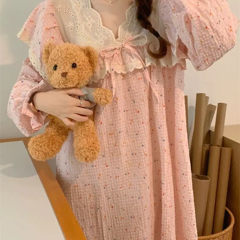 

Polka Dot Women Nightgown Autumn Sleepwear Long Sleeve Night Dress Korean One Piece Pajamas V-neck Ruffles Bow Loose Nightwear