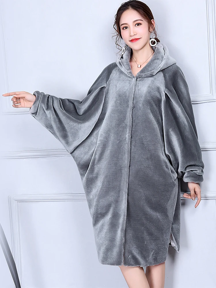 Nerazzurri Winter Real sheep fur coat Women With Hood Batwing Sleeve Long Luxury Shearing Jacket  Poncho Oversized Loose Cloak