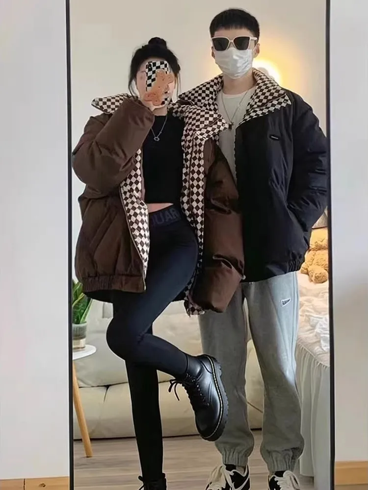 

Теплое хлопковое пальто в клетку больших размеров для пар, в американском стиле, зимнее, новинка, высокое качество, в ретро-стиле, для полных женщин