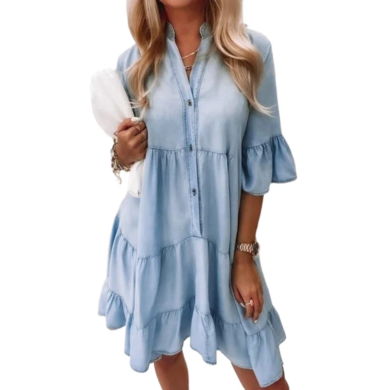

Mid-length Denim Women's Dress New Solid Color Wash Cotton Five-quarter Sleeve A-line Mid-length Denim Dress Pleated Shirt Dress