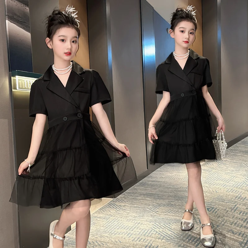 110-180 frock for teenage girls Suit mesh dress 4 6 8 10 12 14 16 17 18 20 black junior princesas elegant knee length dresses