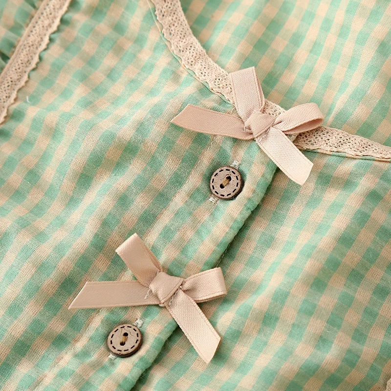 Plaid Print Ladies Female Nightwear Summer New Pajamas Woman Sleepwear Short Set Knitted Cotton 2Pcs Pyjamas Elegant