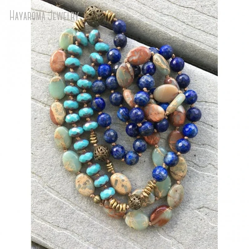 5pcs Bohemian Long Layer Aqua Terra Jasper Lapis Czech Bead Hand Knotted Necklace Y2k Women Hippie Tribal Jewelry