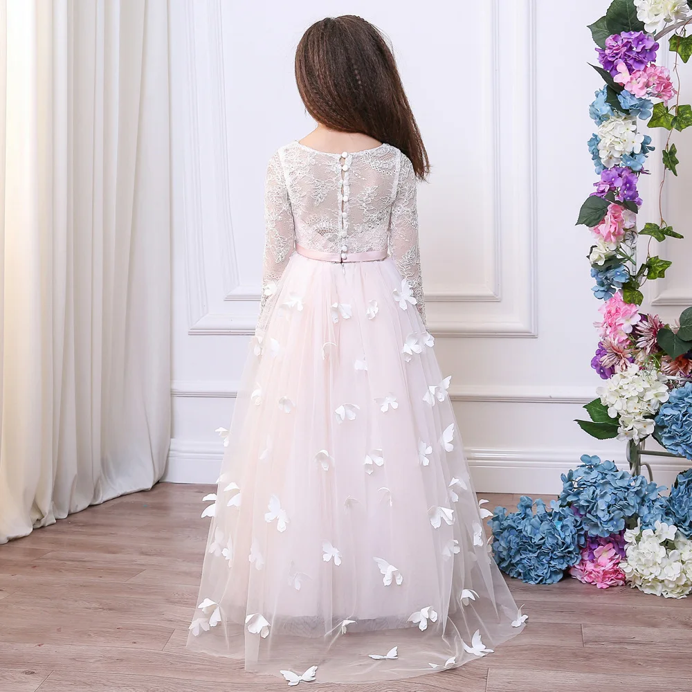 แขนยาวดอกไม้ชุดเดรสเด็กผู้หญิงสำหรับงานแต่งงาน A-Line Scoop Tulle ลูกไม้ยาว First Communion Dresses สำหรับสาวเด็กเล็กเด็ก