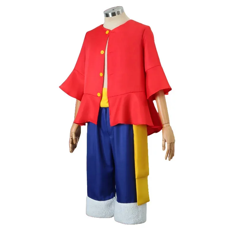 

Anime Luffy Cosplay Costume with Straw Hat Halloween Carnival Uniform Coat Pants Belt Full Set Dress Up for Adults Children jk;6