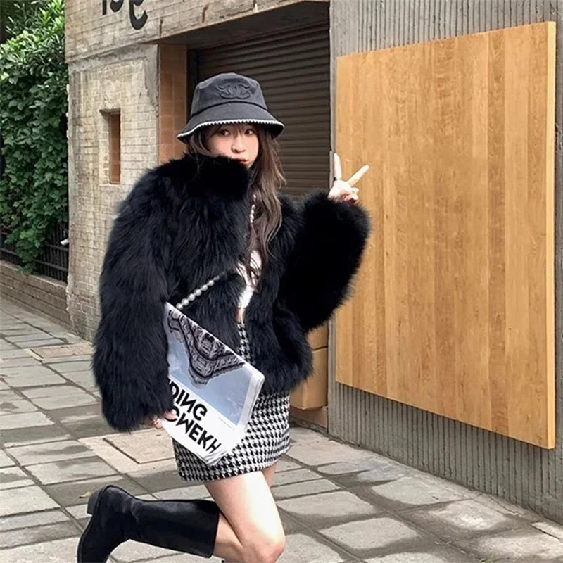 Winter Female New Imitate Fox Fur coat Top 2023 Women  Short Loose Fur Coat Youth Standing Collar Coat Solid color Warm Cardigan