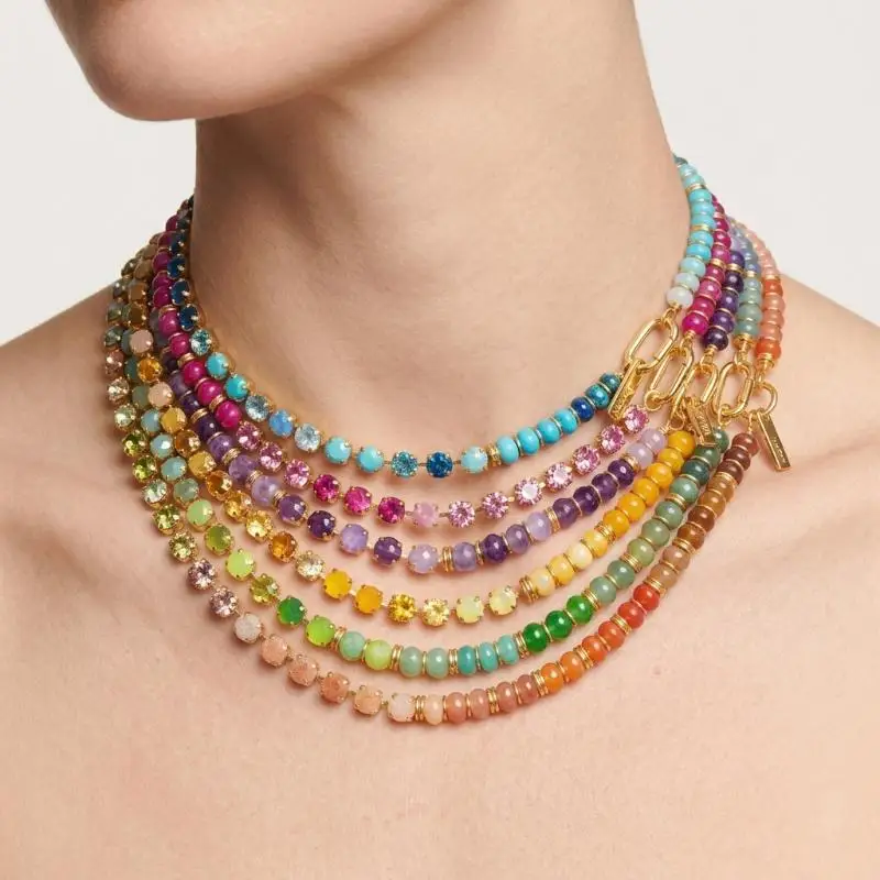 Zircon Layered Choker Necklace 3 Tier Rainbow Beads Stylish Jewelry for Girls Graduation Gift Daily Accessory